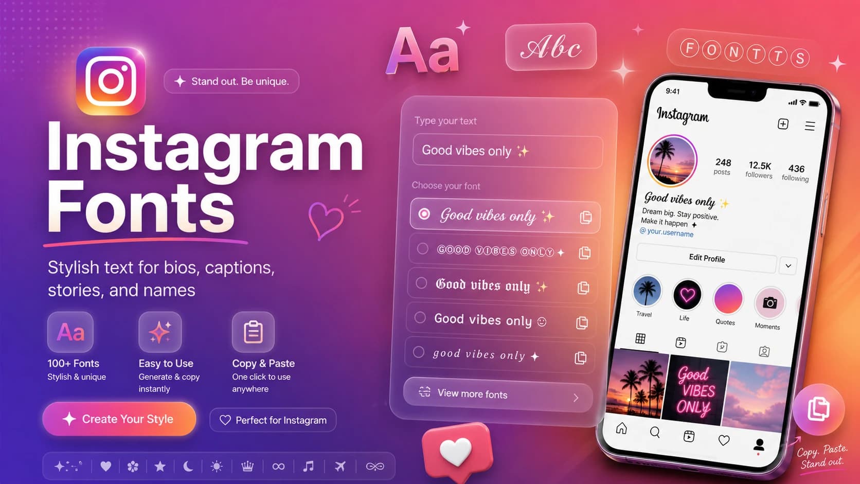 Instagram Fonts generator preview for bio fonts, usernames, and captions