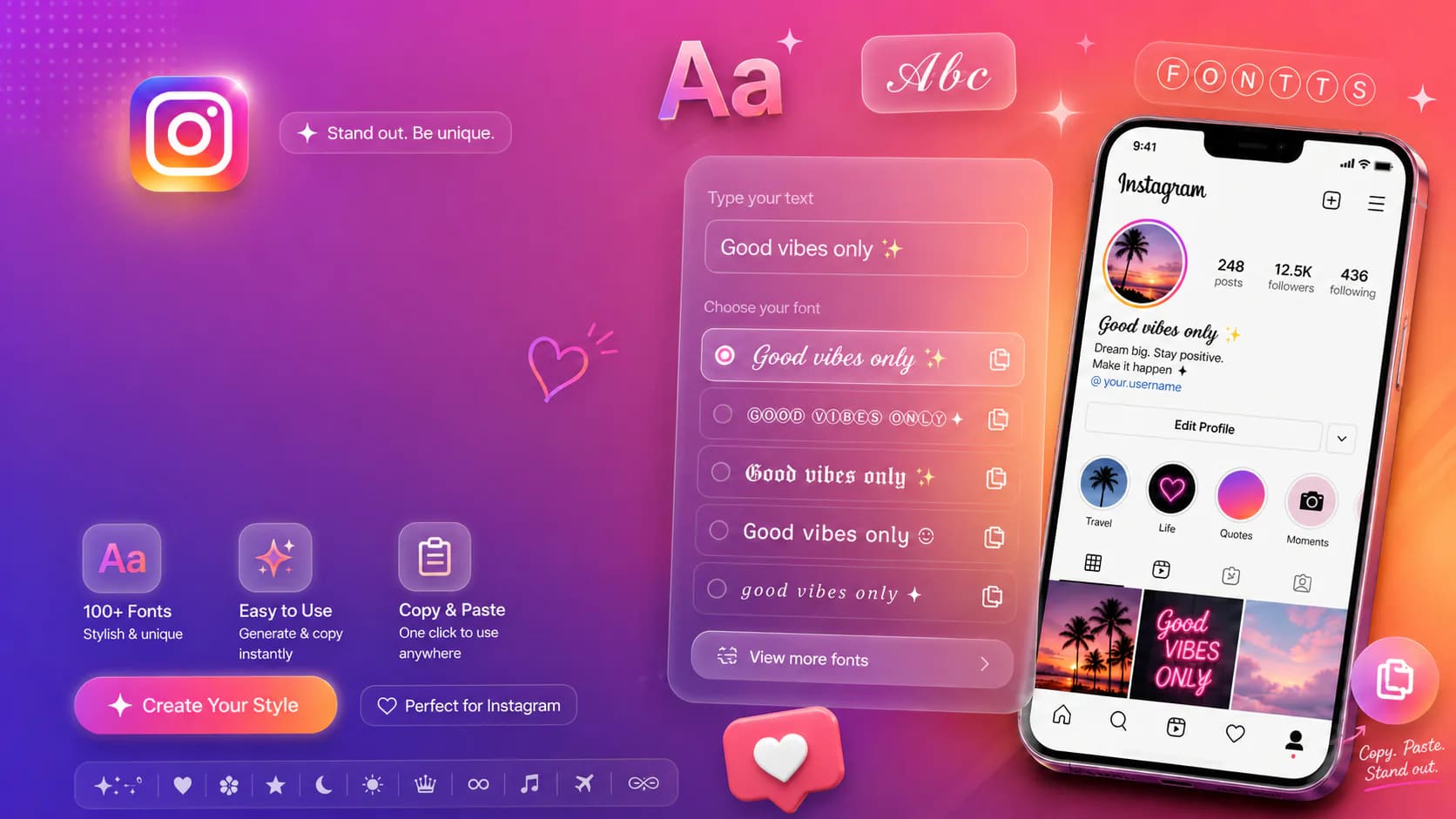 Fuentes de Instagram generator preview for bio fonts, usernames, and captions